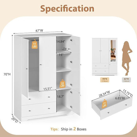 VINGLI Armoire Wardrobe Closet with Doors and Mirror,47"W Wardrobe Cabinet Wooden with Hanging Rod & Shelves Inside, 4 Door Bedroom Armoires with Drawers, Modern White Freestanding Armoire for Bedroom