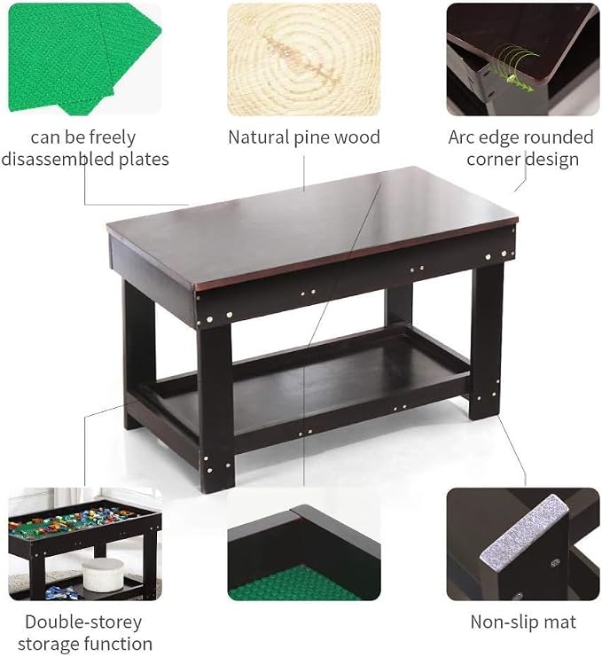 YouHi Kids Activity Table with Board for Bricks Activity Play Table (Dark Brown)