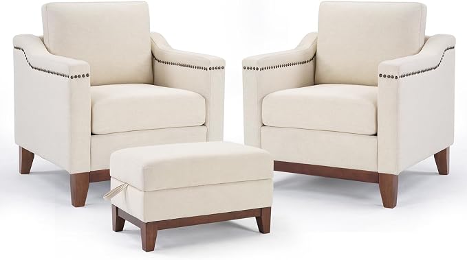 HAOMARKETS 2 Piece Fabric Sofa Set with Nailhead Trim, Included Accent Chair Set of 2 with Thicked Cushion and Upholstered Storage Ottoman with Flip-Top Table, Living Room Furniture Set,Beige