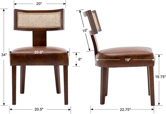 RIVOVA Mid Century Modern Dining Chairs Set of 4 Rattan Kitchen Chairs PU Leather Upholstered Side Chairs, Modern Kitchen Armless Solid Wood Dining Chairs, Brown