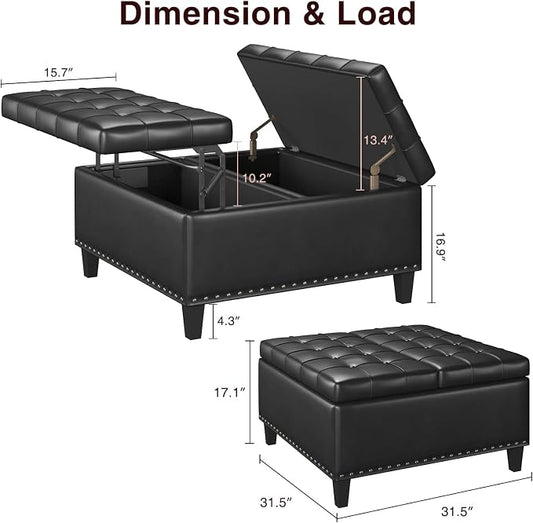 FiveWillowise Square Leather Ottoman with Storage, Faux Leather Coffee Table with Lift Top,Large Upholstered Footrest Stool Toy Box Storage Bench for Bedroom Living Room, Black