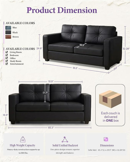 TYBOATLE 65" Faux Leather Loveseat for Living Room, Comfy Mid-Century Modern Tufted Black Loveseat w/USB Charging Ports and Wide Arms, 2 Seater Office Small Couch for Small Space Bedroom