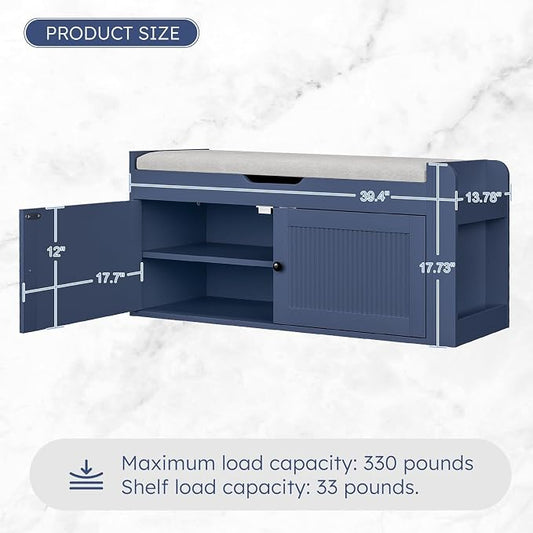 39.4" Storage Bench - Entryway Shoe Bench with Side Storage Shelves and 2 Doors, Multifunctional Entryway Bench with Lift Top Cushion, Shoe Storage Bench for Bedroom, Living Room, Navy Blue