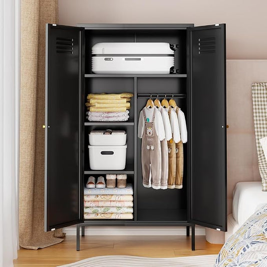 2 Door Metal Cabinet with Hanging Rod and 2 Freely Adjustable Shelves,Storage Locker Cabinet Closet for Office,Garage (Black)