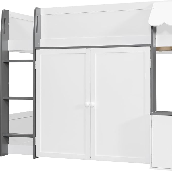 Bellemave Full Size Low loft Bed for Kids,Wood Modern Farmhouse Full Loft Bed with Storage Cabinets, No Box Spring Needed, White+Gray