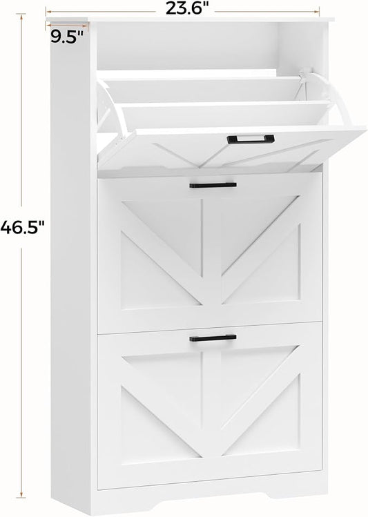 Homleke Farmhouse Shoe Cabinet for Entryway with 3 Barn-Style Flip Drawers, Narrow Shoe Storage Organizer with Top Display Shelf, Adjustable Shelves, Shoe Rack for Hallway, Closet- (White, 24" Wide)