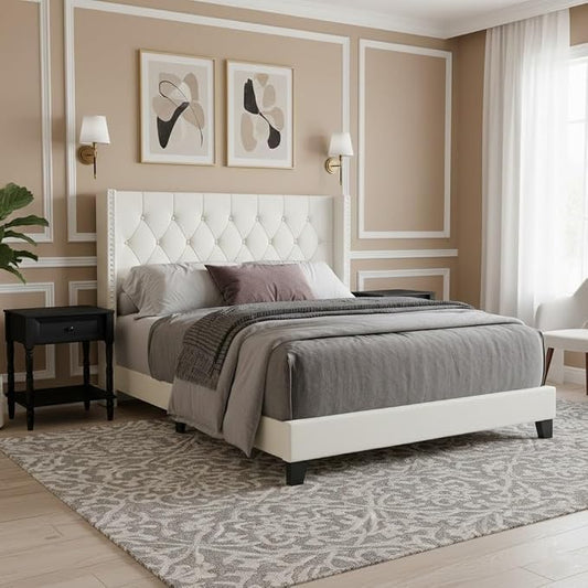 HOME DESIGN Homer Full Tufted Wingback Upholstered Panel Bed with 2 Matching 1 Drawer Nightstands, Bedroom Furniture Set with Open Shelf Storage, Light Beige Black