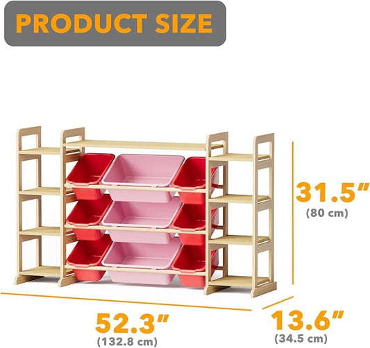 SpaceAid Large Toy Storage Organizer 9 Shelves 9 Bins, Toy Organizers Storage Bookshelf, Kids Bin Shelf Toys Box Bookcase for Bedroom Playroom Organization Room Decor, Red and Pink