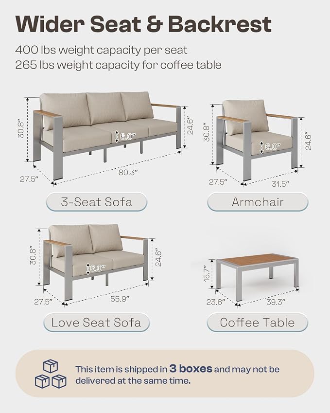 Oasbira Aluminum Outdoor Sofa Bistro Set, 3 Piece Outdoor Patio Furniture Set with Washable Thick Cushion, Patio Sectional Furniture Set for Porch, Balcony, Deck, Yard, Silver