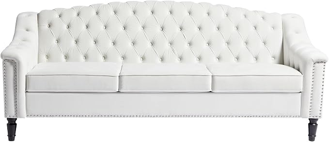 LEVNARY Mid-Century Modern Velvet Sofa, 80" Large Upholstered Sofa with High Back, Chesterfield Couch Sleeper Settee with Solid Wood Legs, Tufted 3 Seater Wide Couches for Living Room Office (White)