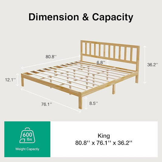 Novilla 12inch King Size Bed Frame Wooden King Bed Frame and Headboard, Classic King Size Bed Frame with Headboard, No Box Spring Needed, Easy Assembly, Pine