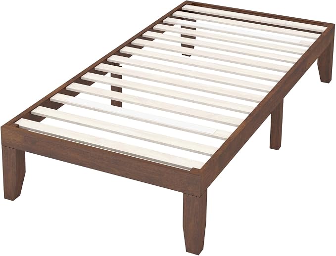 COSTWAY Wood Platform Bed Frame, 14 Inches Solid Rubber Wood Bed Mattress Foundation with Sturdy Slats Support, Easy Assembly Bed Frame for Home Hotel, No Box Spring Needed (Walnut, Twin)