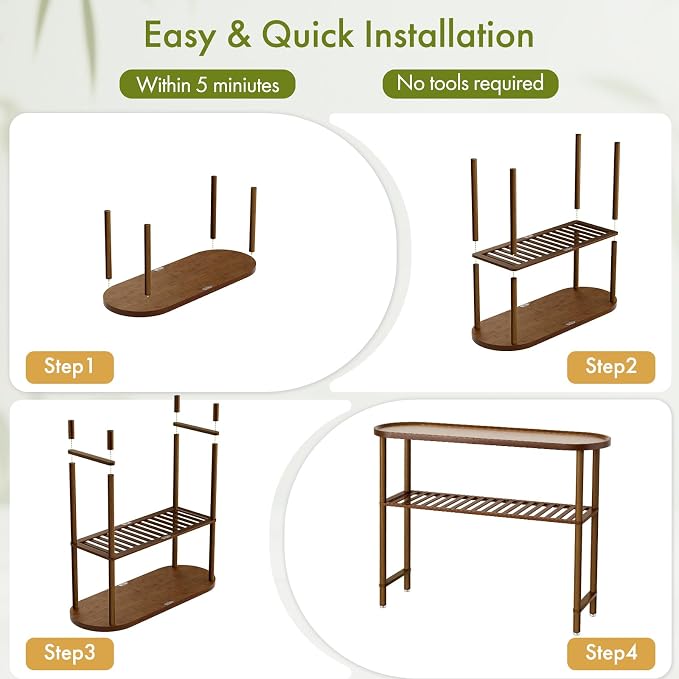 Farmhouse Entryway Table Bamboo 39.4", Narrow Console Table Oval Top, Behind Sofa Table with Anti-fall Edge, TV Stand for Living Room, Indoor Outdoor Plant Stand, 5min Easy Assembly, Dark Walnut