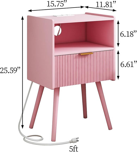 JOONEE Nightstand with Oultlet,Modern Bedside Table with Storage Drawer and Open Wood Shelf, for Living Room, Bedroom and Small Spaces, Accent Night Stand with Solid Wood Legs, Easy Assembly,Pink
