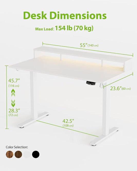 Agilestic 55 x 24 Inch Electric Standing Desk with Shelf, Height Adjustable Desk with Power Outlets & LED, Sit Stand Up Table with Monitor Stand, Computer Workstation, White