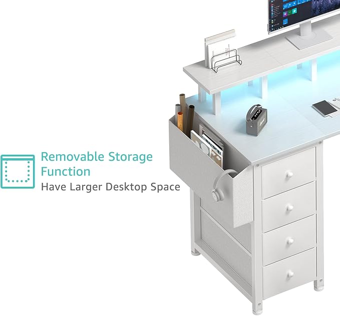 Lufeiya White L Shaped Computer Desk with Fabric Drawers, 55 Inch Corner Home Office Desk with Monitor Stand Shelves, Writing Study Gaming Desks with Led Lights and Power Outlets for Bedroom, White
