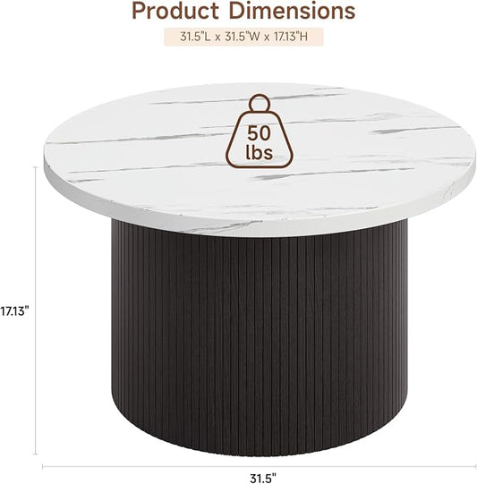 ONBRILL 31.5" Round Coffee Table, Tambour Design Coffee Tables for Living Room, Mid Century Modern Wood Coffee Table, Drum Accent Small Center Table, Marble Texture