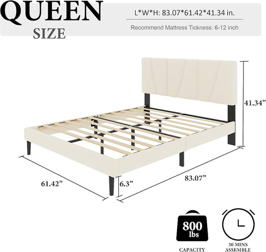 HAOARA Queen Size Bed Frame with Fabric Upholstered Headboard, Platform Bed with Wooden Slats Support, Fully Mattress Foundation, Box Spring Optional, Easy Assembly