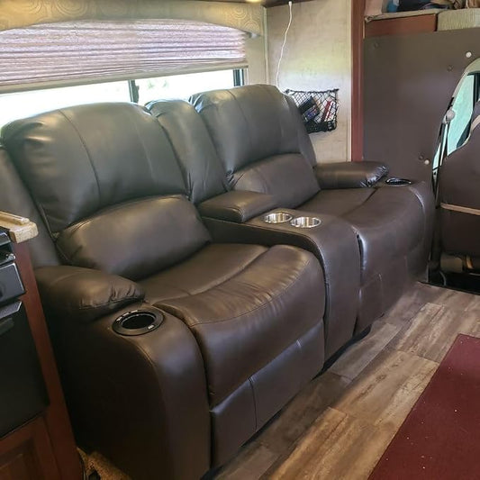 RecPro Charles 67" Powered Double RV Wall Hugger Recliner Sofa RV Loveseat with Upgraded 2023 Fabric (Chestnut)