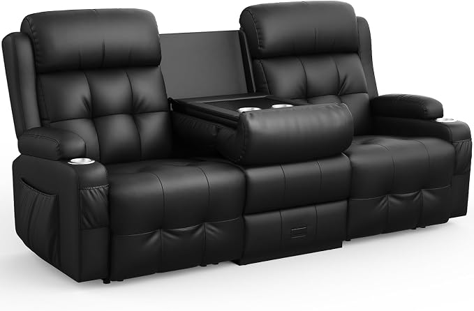 Recliner Sofa, Massage Reclining Sofa 3 Seater Sets Heavy Weight Capacity, RV Loveseat Couch Clearance with Flip Back Console, Storage, Cup Holders, Wall Hugger Reclining Couch for Living Room