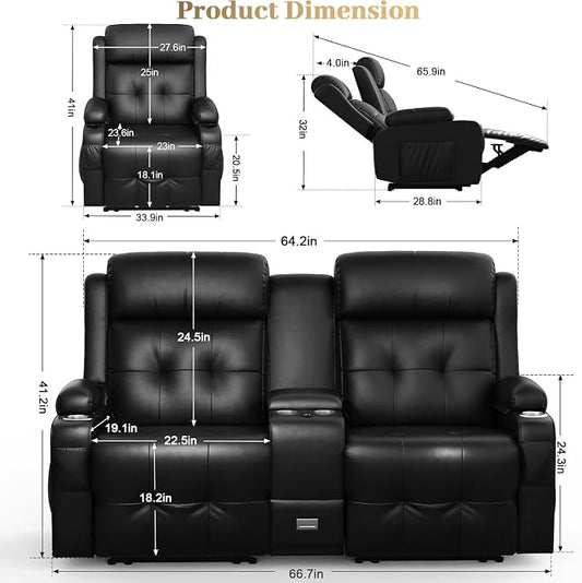 Reclining Loveseat, 2 Massage Loveseat Recliner Sofa Heavy Weight Capacity, RV Love Seat Clearance with Console, USB, Type C Port, Storage, Cup Holders, 1 Single Power Recliner Chairs Heat & Massage