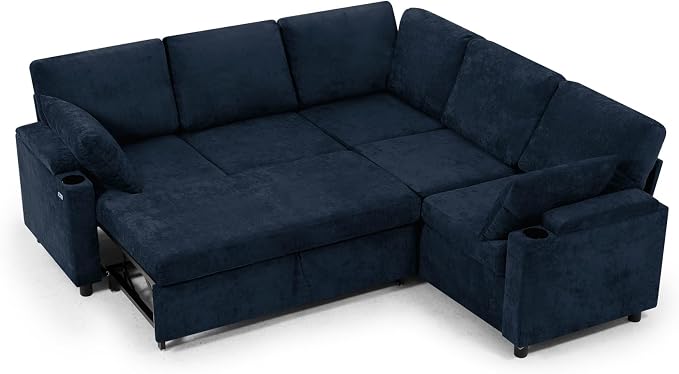 85" Chenille Sectional Sofa w/Pull Out Bed & Storage Space, Blue | Upholstery L Shaped Couch w/Cup Holders, Modern Corner Sofa w/USB Charging Port & Throw Pillow for Living Room
