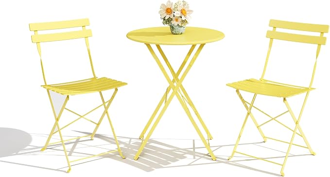 Bistro Table and Chairs Set of 2, 3 Piece Outdoor/Indoor Folding Patio Bistro Sets, 2 Chair Patio Furniture Set with Table, Premium Frame Foldable Coffee Tables for Balcony, Yard, Garden, Yellow