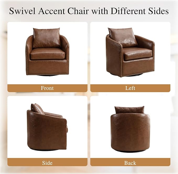 HAOMARKETS 360 Degree Swivel Barrel Chair with Plump Back Pillow, Waterproof Oil Waxed PU Leather Swivel Armchair with Rivets, Comfy Vintage Round Accent Chair for Living Room
