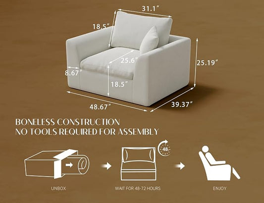 ohllob 48.6" Single Sofa, Small Boneless Couches for Living Room, Cloud Couch for Bedroom, Office, Warm White
