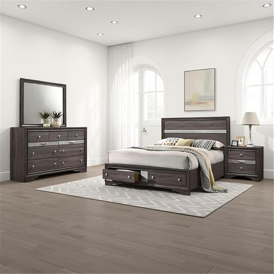 Pemberly Row 4-Piece King Bedroom Set, Solid Wood and Veneer, Gray Finish with Silver Accents, Panel Bed with Storage Footboard, Dresser with Mirror, Nightstand, Elegant Modern Bedroom Furniture