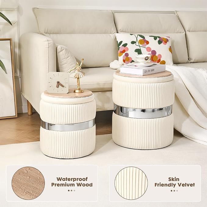 Round Storage Ottoman Set of 2 Vanity Stool for Living Room, Space-Saving Coffee Table with Hidden Compartment, Sturdy Seating for Small Apartments & Bedroom, Assembly Free White