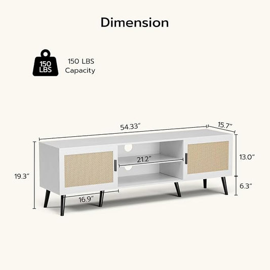 ZttRiee TV Stand with Rattan Doors for TVs up to 65", Mid-Century, White | 54.7"W x 15.7"D x 18.9"H, 150 lbs capacity, 2 rattan-door cabinets & 1 shelf (4 compartments), 2 cord holes, 6 wood feet