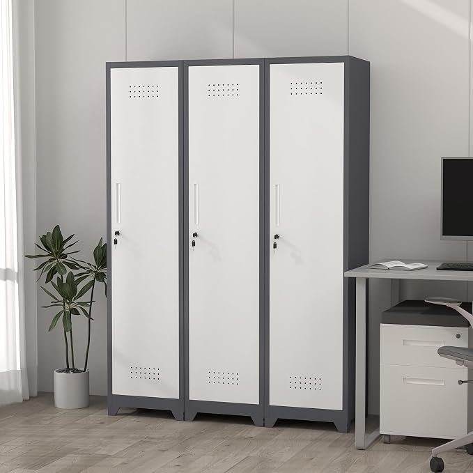 65" H Slim Broom Storage Cabinets, Utility Cabinet for Brooms and Mops, Steel Cleaning Tool Cabinet with Hanging Rod & S-Hooks for Bathroom, Garage