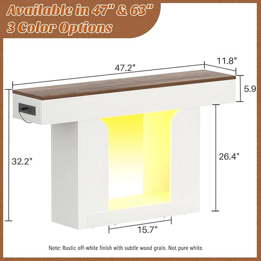 Homieasy Console Table, 47" Entryway Table with LED Lights & Charging Station, Farmhouse Wooden Sofa Table Behind Couch, Narrow Hallway Table for Living Room, Foyer, Entry, Antique White & Brown