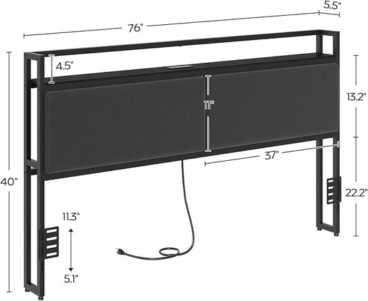 King Size Headboard Only with Storage Shelves, Upholstered Headboard with Charging Station, Height Adjustable, Sturdy and Stable, Vintage Style, Black