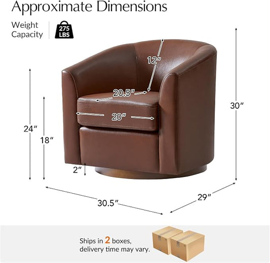 HULALA HOME Genuine Leather Swivel Barrel Chairs Set of 2, Round Swivel Accent Chairs with Solid Wood Base, Leather Barrel Accent Chair for Living Room, No Assembly Required, Brown
