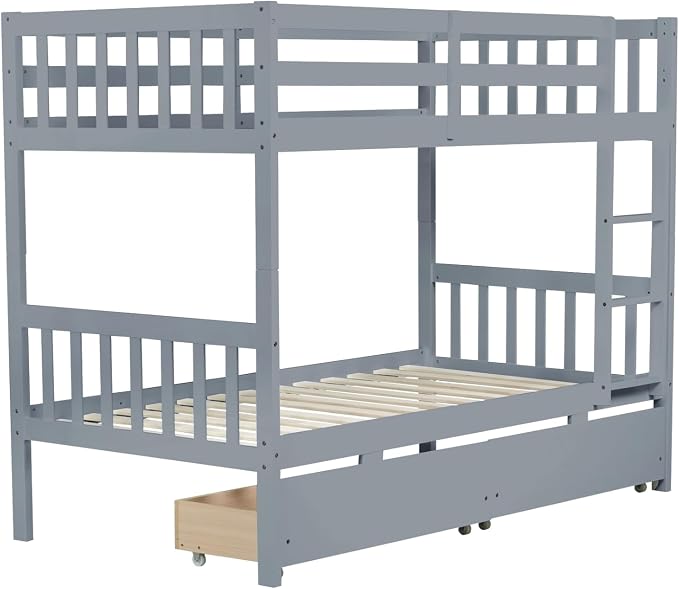 Harper & Bright Designs Twin Over Twin Bunk Bed with 2 Drawers, Convertible into 2 Twin Beds, Twin Bunk Bed with Ladder and Safety Guardrails, Gray