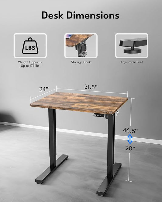 Standing Desk, Height Adjustable Electric Stand up Desk, 31.5 x 24 Inches Sit Stand Home Office Desk with Splice Board, Black Frame/Rustic Brown Top