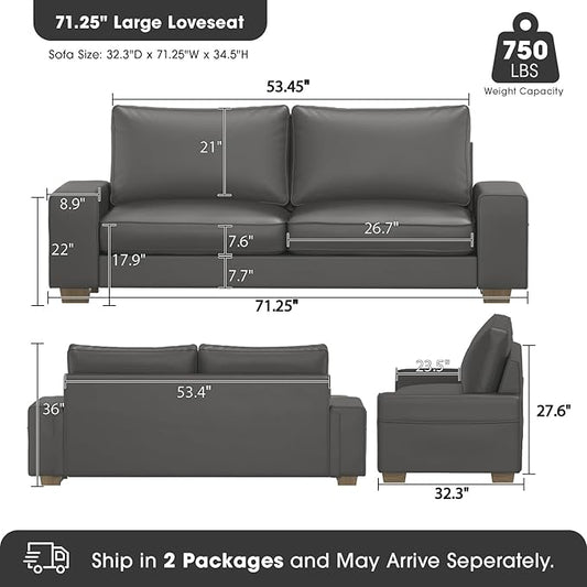 Valthie Faux Leather Couch, Mid Century Modern Comfy Loveseat Sofa with Wide Arm, Side Pockets, Solid Wooden Frame for Office, Living Room and Bedroom, 2 Seater (Gery, 71.25 Inches)