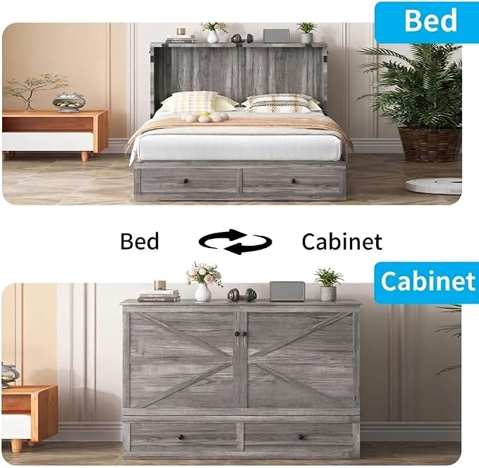 Mjkone Full Size Murphy Bed Cabinet with 5” Tri-Folding Foam Mattress, Foldable Convertible Chest Cabinet Wall Bed with Drawers & USB Charging Station for Small Spaces, Guest Room, Studio, Grey