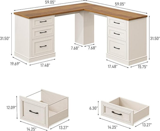Vabches Farmhouse 59" L-Shaped Executive Desk with File Drawers, Wood Corner Sturdy Writing Workstation with Storage Drawers, Rustic Computer Writing Desk for Home Office & Study. Unique White