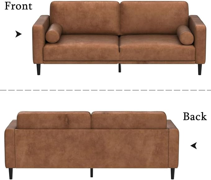 HIFIT 79" Sofa Couches for Living Room Mid-Century Modern Decor Faux Leather Couch with Deep Seat&Cloud Cushions&2 Pillow, 3 Seater Home Sofa Living Room Brown Loveseat for Office, Bedroom, Apartment
