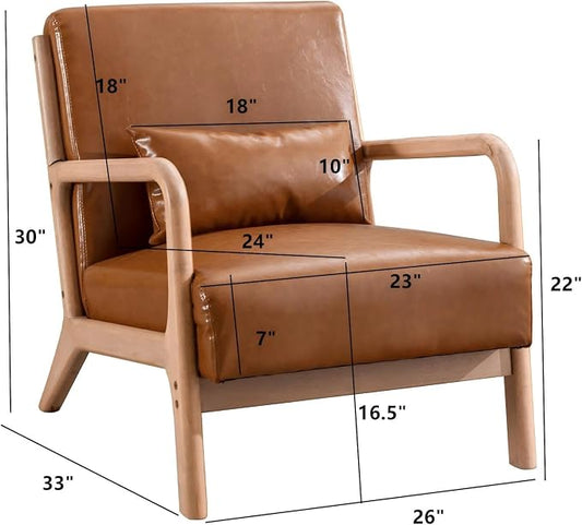 INZOY Mid-Century Modern Accent Chair Set of 2, PU Leather Reading Armchair with Waist Cushion, Upholstered Living Room Chairs for Bedroom Sunroom, Camel Set