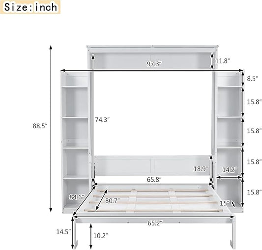 MERITLINE Queen Murphy Bed with Storage Shelves and LED Lights, Wood White Murphy Wall Bed Cabinet with Bookcase Bookshelf for Adults
