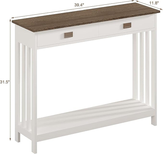 ChooChoo 39" Farmhouse Entryway Table with Drawer, Narrow Console Table with Storage Shelf, Sofa Table for Living Room, Entryway, and Hallway, White and Brown