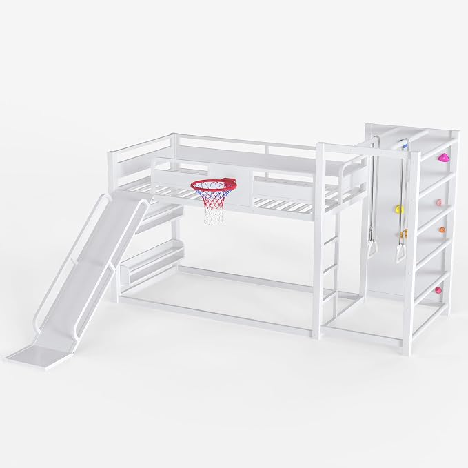 Bellemave Twin Size Bunk Bed with Basketball Hoop, Pull-up Rings and Climbing Wall, Twin Bunk Bed with Slide and Bookcase, Heavy Duty Bunk Beds with Guardrail, White