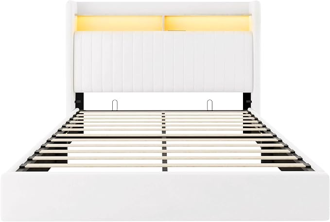 Allewie Full Size Lift Up Hydraulic Storage Bed Frame, 2-Tier Shelf Headboard with LED Lights and Charging Station, USB and Type C Ports, Wingback Velvet Headboard, No Box Spring Needed, White