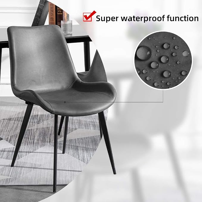 HIPIHOM Dining Chairs Set of 2, Modern Kitchen & Dining Room Chairs, Upholstered Faux Leather Cushion Seat and Sturdy Metal Legs (2 Grey Chairs)