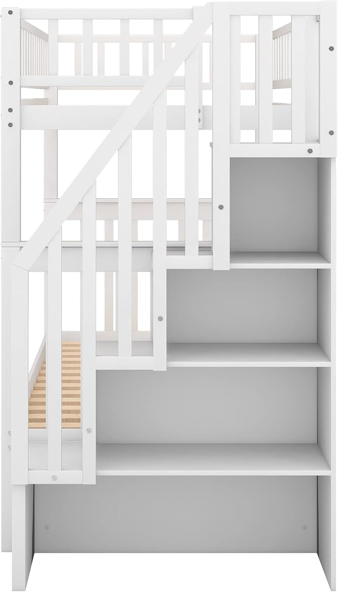 Twin Over Twin Bunk Beds with Staircase and Trundle Bed, No Box Spring Needed for Teens, Boys or Girls