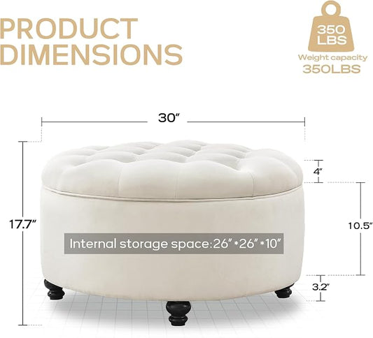 HUIMO 30-Inch Round Storage Ottoman, Modern Button Tufted Coffee Table with Removable Top, Upholstered Ottoman with Storage Footrest Stool for Living Room, Bedroom and Office(Ivory)